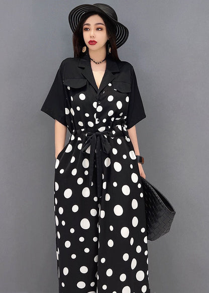 Black Peter Pan Collar Dot Print Draping Chiffon Jumpsuits Short Sleeve