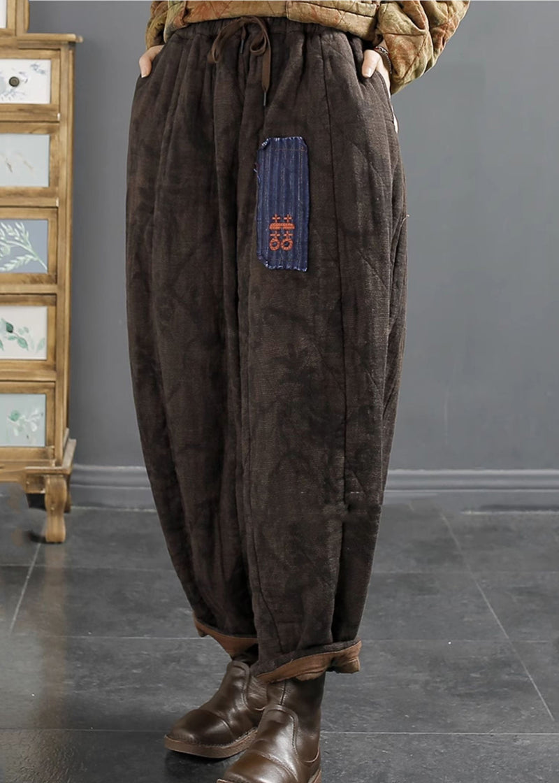 Retro Green Embroideried Elastic Waist Fine Cotton Filled Lantern Pants Winter