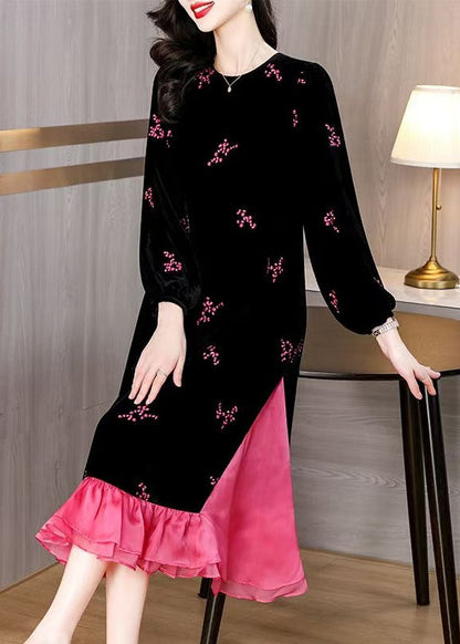 Italian Black Embroidered Pockets Patchwork Silk Velour Long Dresses Spring