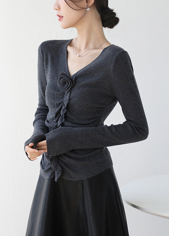 Fitted Red V Neck Ruffled Knit Top Spring