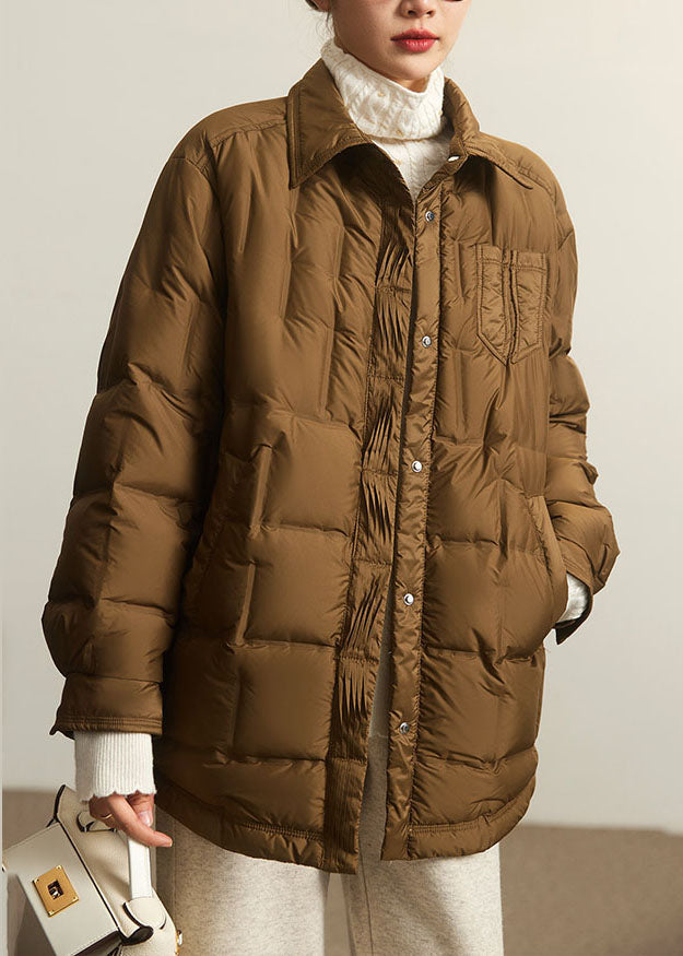 Coffee Peter Pan Collar Zippered Patchwork Button Duck Down Jackets Winter