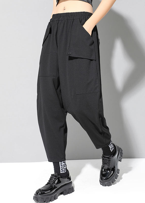 Black Elastic Waist Pockets Fall Harem Pants