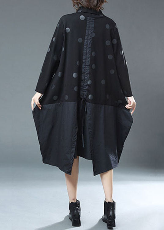 Black Dot Print Drawstring Patchwork Cotton Dresses Fall