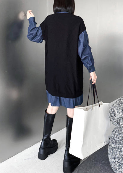 French Black Peter Pan Collar Zippered Denim Patchwork Mid Dresses Fall