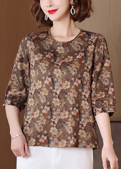 Caramel O Neck Print Patchwork Silk Shirts Half Sleeve