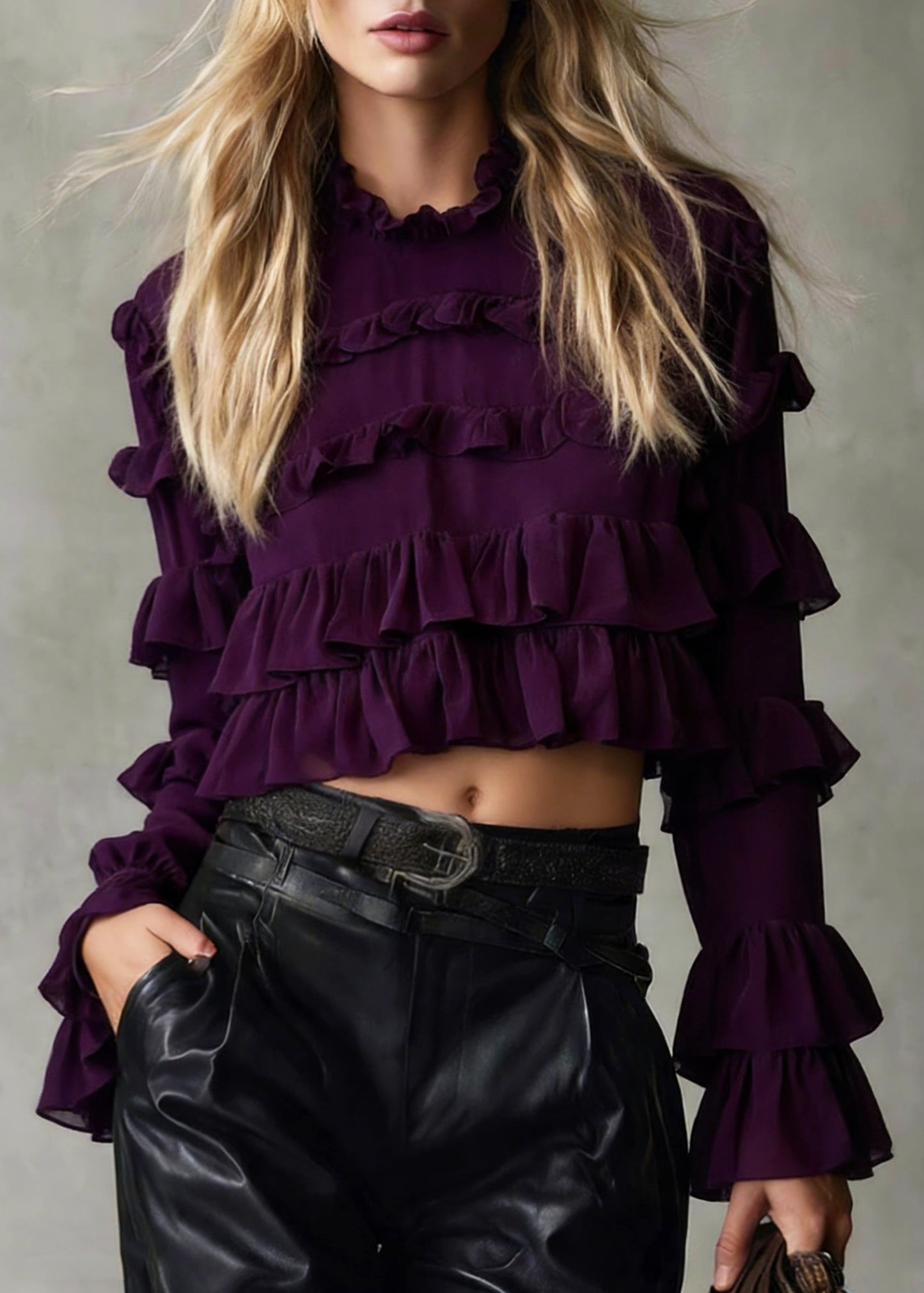 Purple Ruffled Patchwork Chiffon Blouse Tops Spring