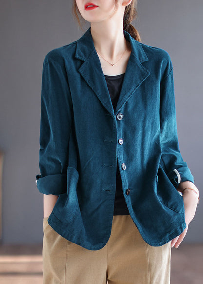 Blue Peterpan Collar Pockets Button Patchwork Fall Corduroy Coat