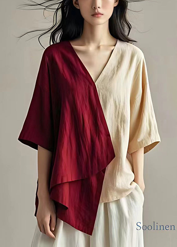 Mulberry Asymmetrical Patchwork Linen Shirts Summer