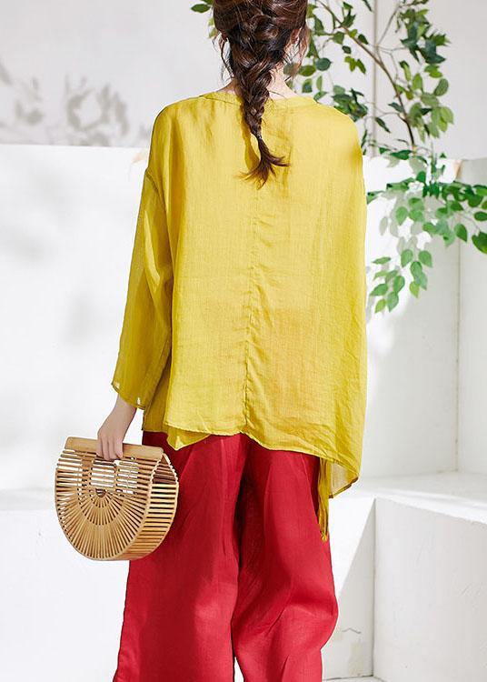 Yellow V Neck Asymmetrical Design Summer Ramie Shirt Long Sleeve