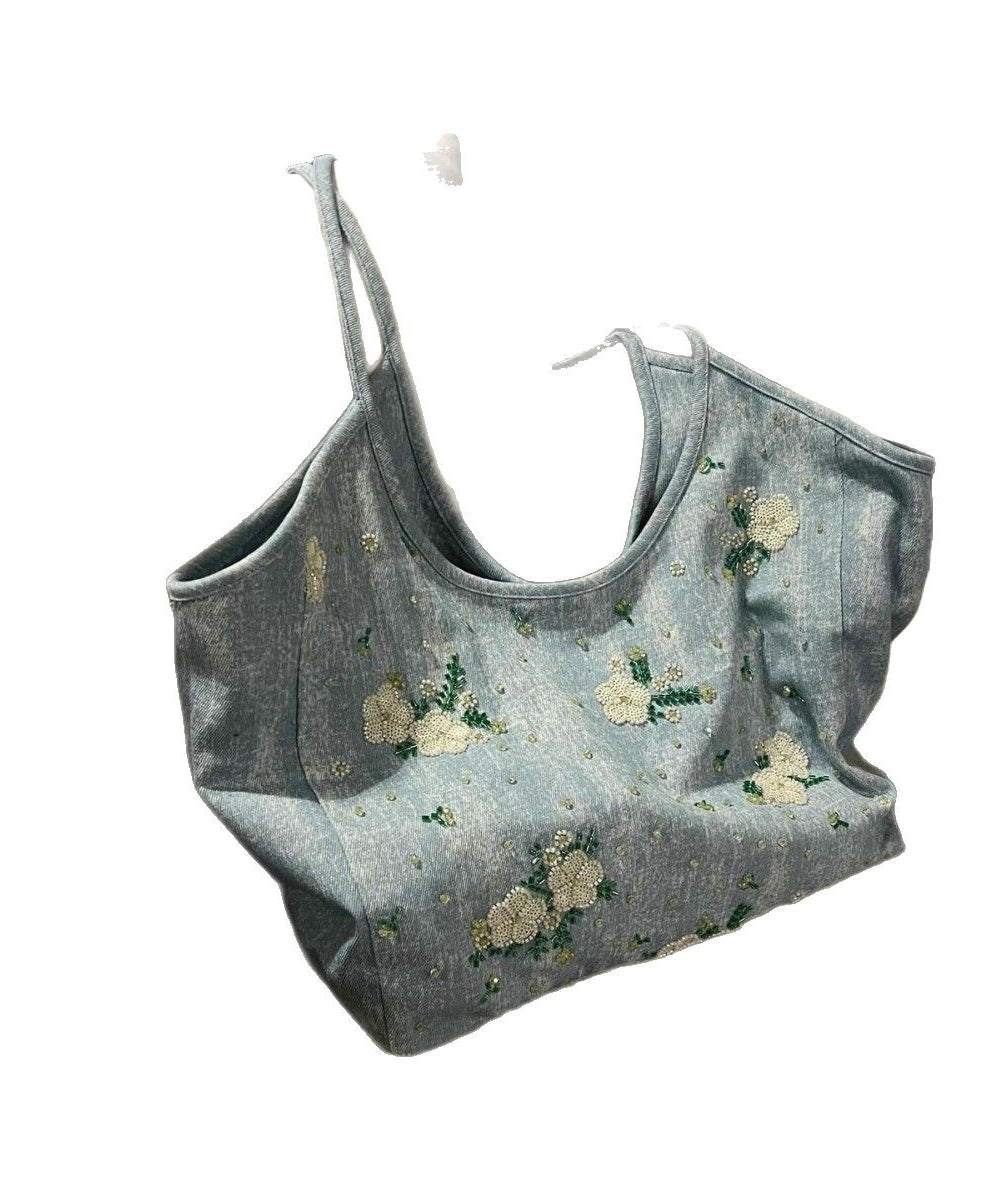 Blue Embroideried Large Capacity Denim Shoulder Bag