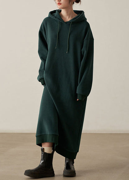 Loose Khaki Hooded Pockets Patchwork Woolen Long Dresses Fall