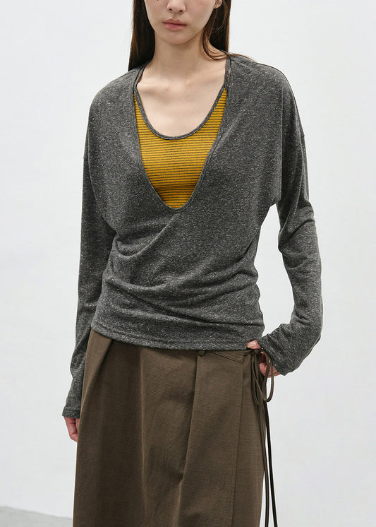 Grey False Two Pieces Patchwork Cotton T Shirts Spring