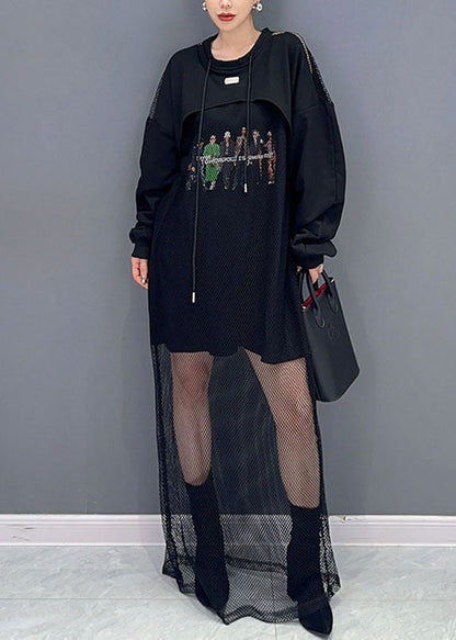 Style Black O-neck Print Tulle Patchwork Fake Two Pieces Long Dresses Fall