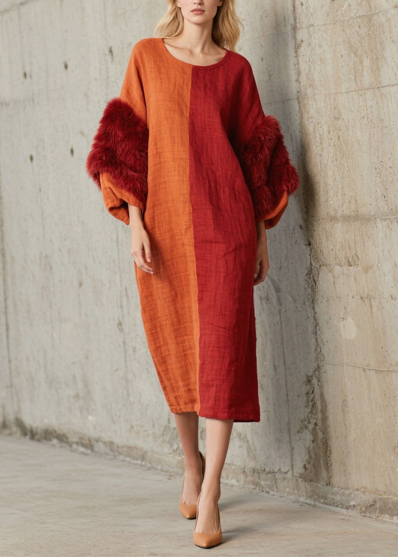 Colorblock O Neck Fuzzy Fur Fluffy Patchwork Cotton Dress Fall