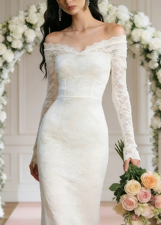 Slim Fit White Slash Neck High Waist Long Dresses Spring