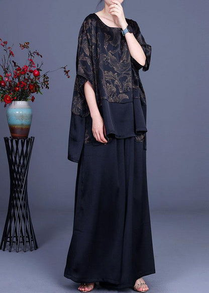Navy Print Patchwork Long Smock Wide Leg Chiffon Two Pieces Set