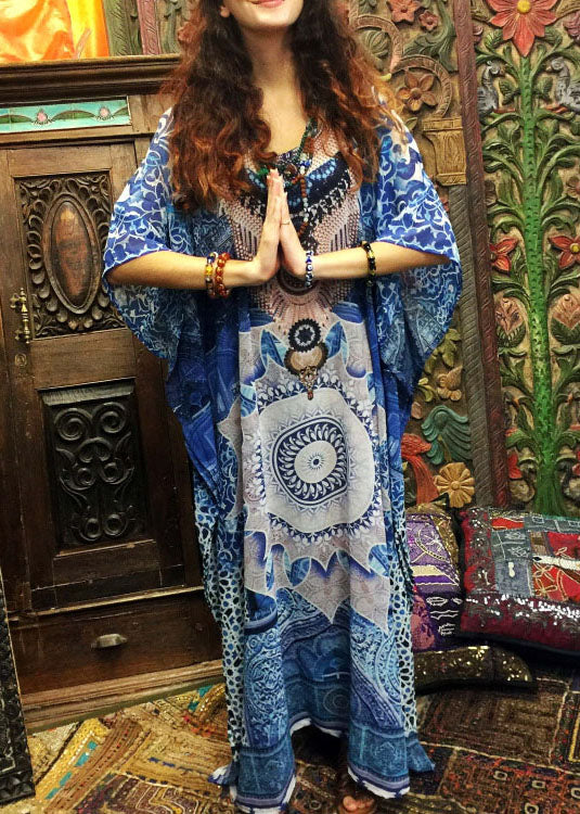 Blue Print O-neck Kimono Robe Mid Summer Cotton Dress