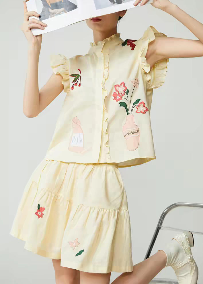 Yellow Embroidered Top and Skirts Two Pieces Set Sleeveless