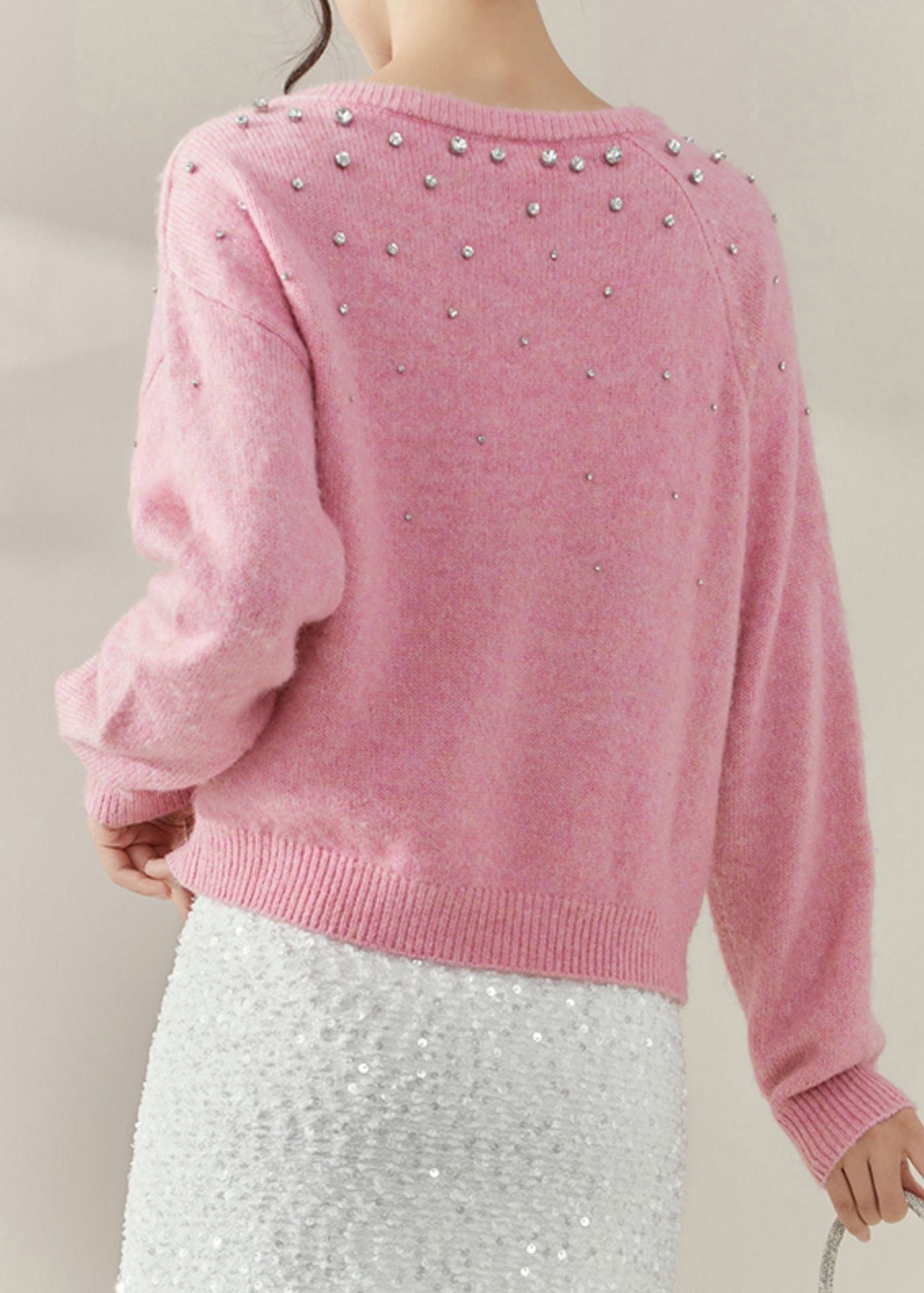 Pink O-neck Nail Bead Cozy Cotton Knit Sweater Spring