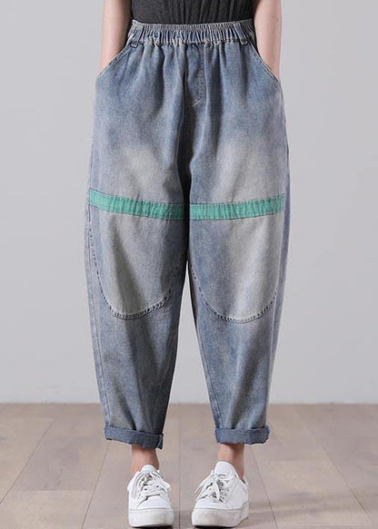 Blue Elastic Waist Harem Summer Cotton Pants