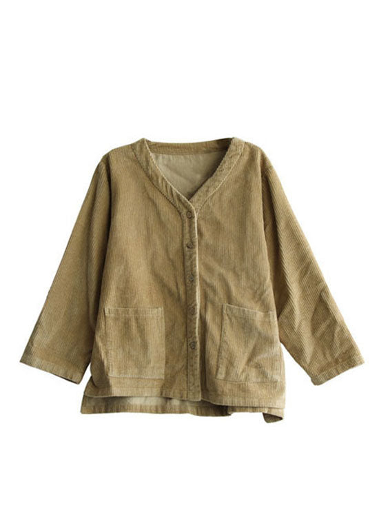 Khaki V Neck Pockets Button Corduroy Coats Long Sleeve
