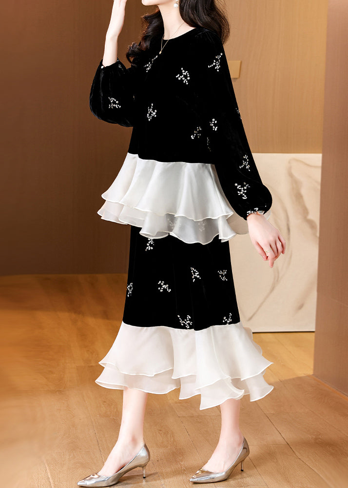 Black Embroidered Patchwork Silk Velvet Two-piece Set Spring
