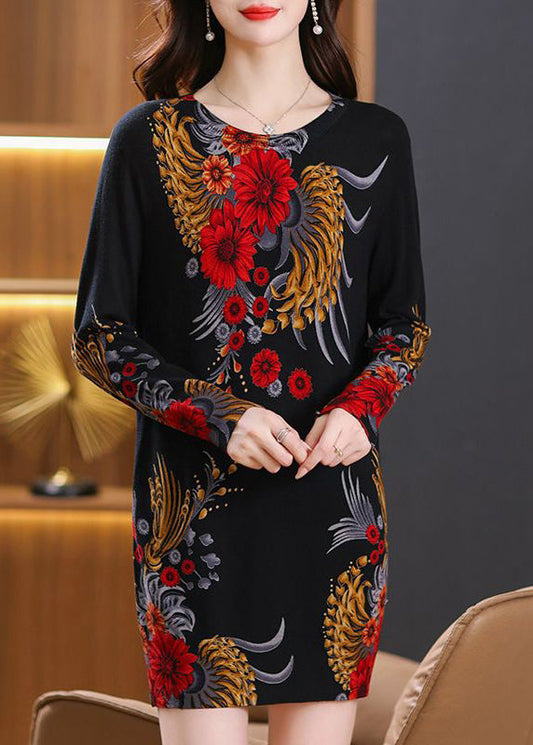 Loose Black O Neck Print Wool Knit Sweaters Dress Long Sleeve