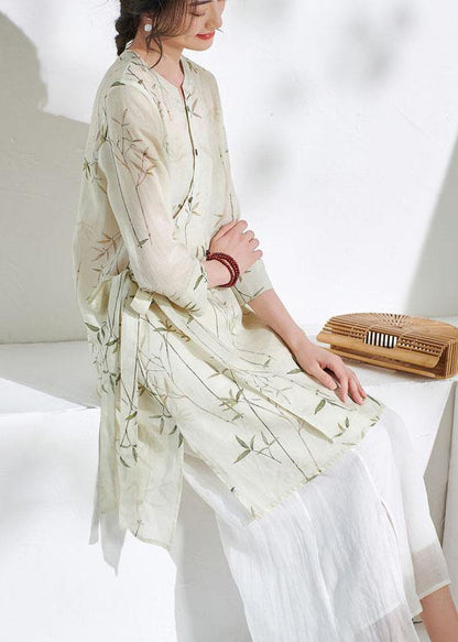Natural Beige Print Button Summer Ramie Shirt Tops