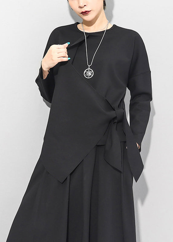 Black O-neck Asymmetrical Tie Waist Bow Top Long Sleeve