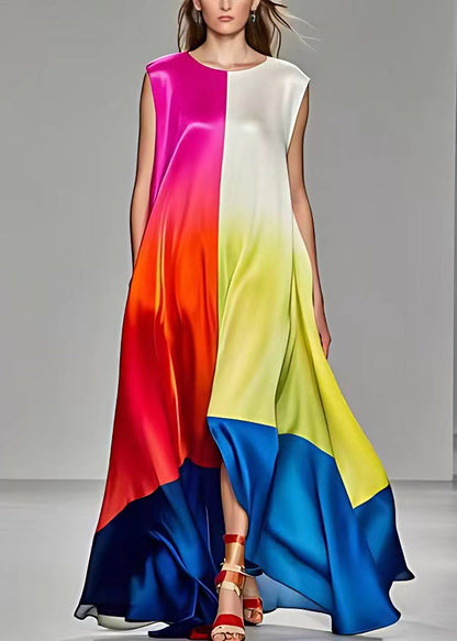 Rose Asymmetrical Pockets Silk Long Dresses Sleeveless