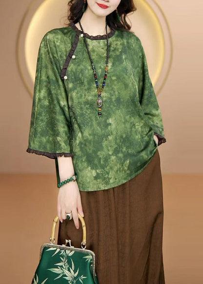 Green O Neck Ruffled Patchwork Silk Shirt Bracelet Sleeve
