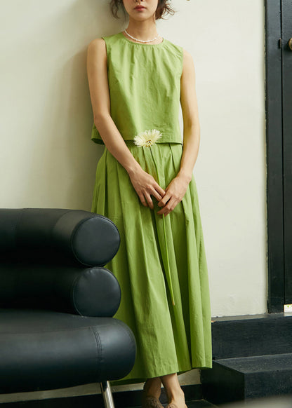 Art Green O-neck Cotton Top and Pleated Skirt Two Pieces Set Sleeveless