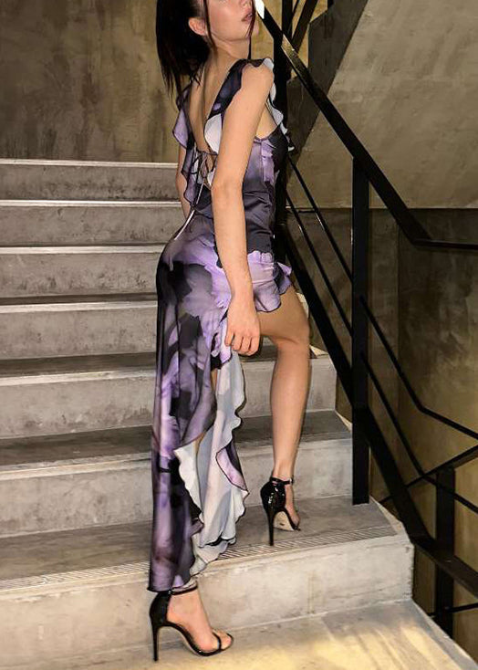 Purple Asymmetrical Ruffled Cotton Long Dress Sleeveless