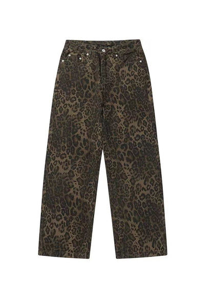 Leopard Print Pockets Denim Straight Pants Spring