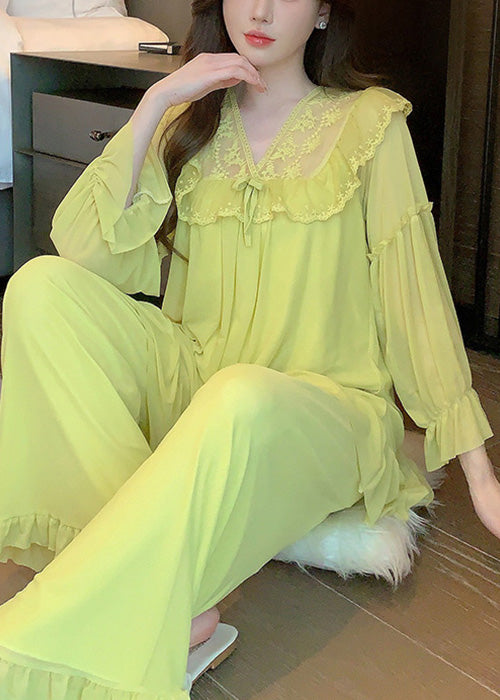 Green Square Collar Lace Up Tulle Pajamas Two Piece Suit Set Butterfly Sleeve
