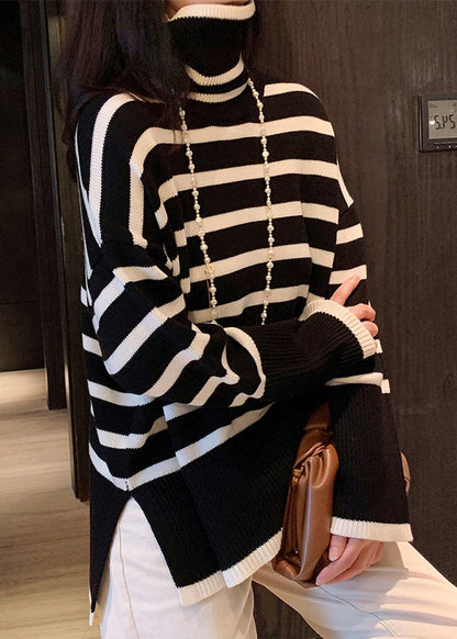 Black Hign Neck Striped Versatile Knitted Sweaters Winter