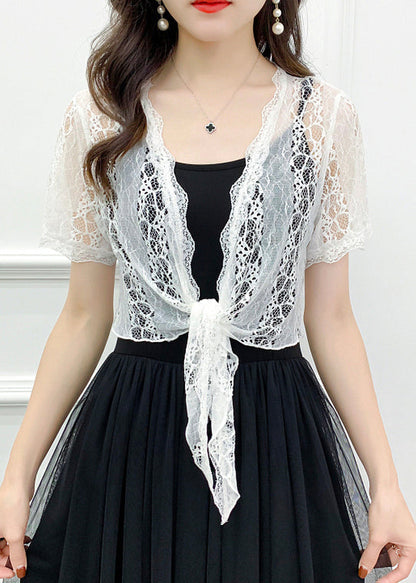 White Hollow Out Lace Cardigan V Neck Short Sleeve