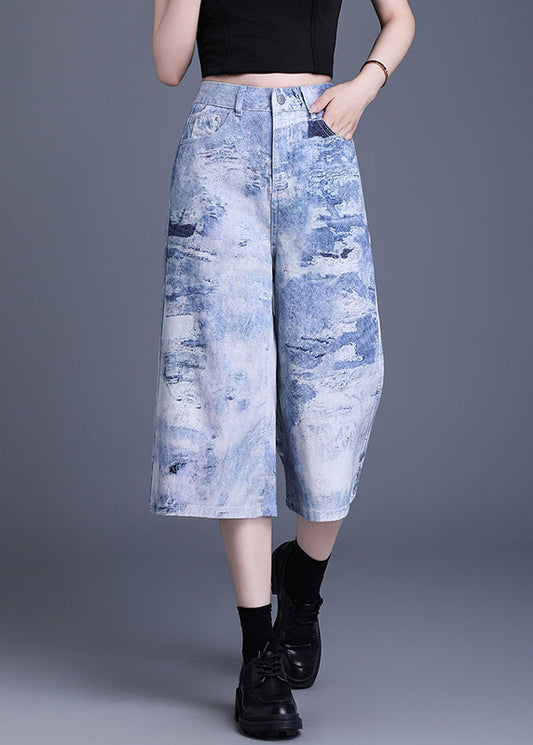 Blue Pockets Tie Dye Denim Crop Pants Summer