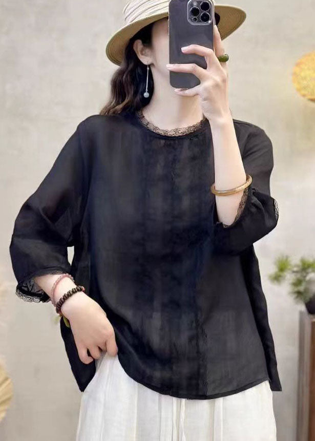 Black Oversized Patchwork Eyelash Linen Shirt Tops Bracelet Sleeve