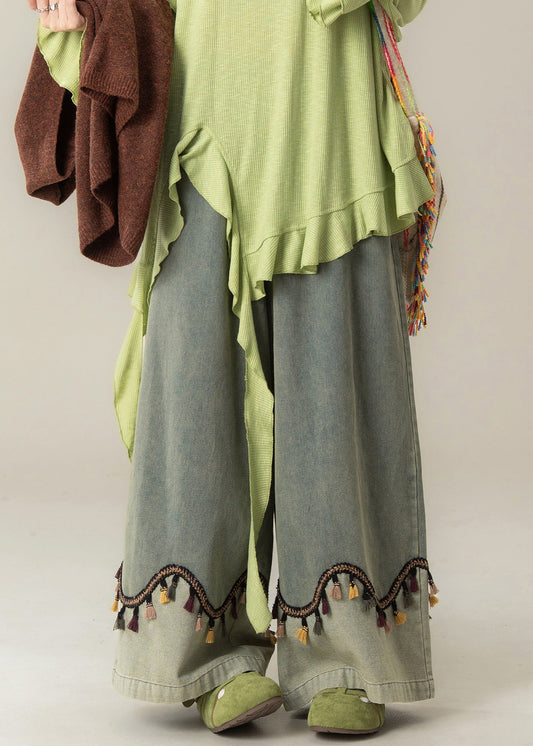 Blue Tasseled High Waist Patchwork Denim Wide Leg Pants Spring