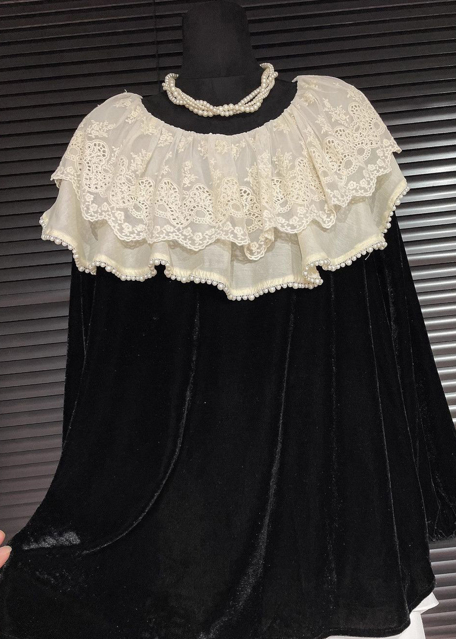 Fine Black Peter Pan Collar Patchwork Lace Silk Velour Shirt Fall