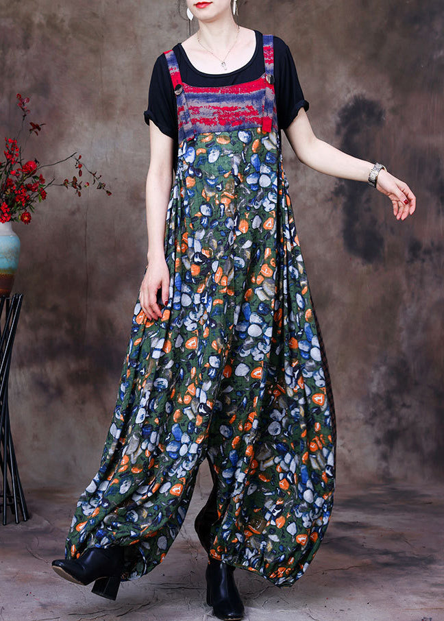 Stylish Green Patchwork Plaid Print Linen Overalls Jumpsuit and Cotton Tanks Two Piece Set Summer