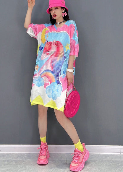 Pink O-neck Horse Print Oversized Vacation Dress Short Sleeve