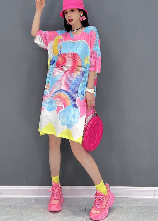 Pink O-neck Horse Print Oversized Vacation Dress Short Sleeve