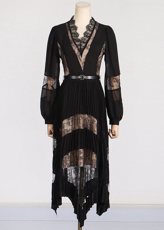 Black V Neck Lace Patchwork Maxi Dresses Puff Sleeve