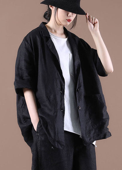 Black Pockets Linen Coat Peter Pan Collar Button Long Sleeve