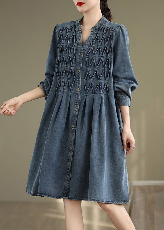 Blue Stand Collar Button Long Dress Lantern Sleeve