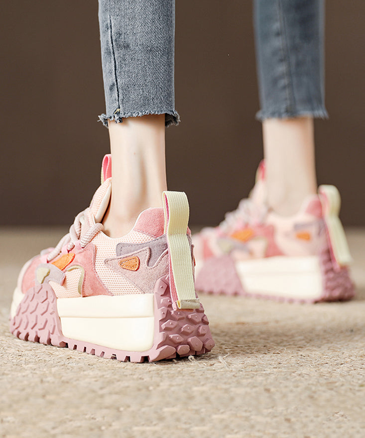 Pink Suede Breathable Mesh Splicing Platform Flat Shoes for