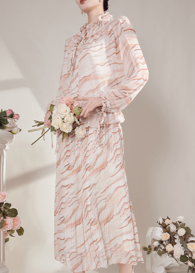 Ruffled Striped Chiffon Shirts and Maxi Skirts Two-piece Set Fall