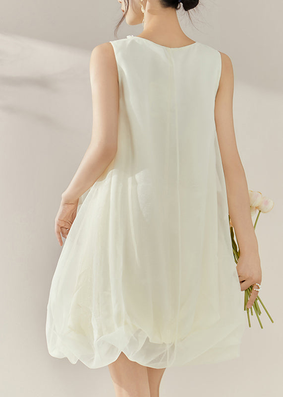 Classy Beige O-neck Patchwork Tulle Mid Dresses Sleeveless